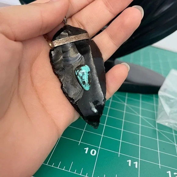 925 Sterling Silver Obsidian Pendant with Turquoise Inlay Artisan Native Jewelry